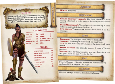 A sample of the Warrior Archetype Card. It includes some flavor text, her attributes and stats, plus her Edges and equipment across the front and back.