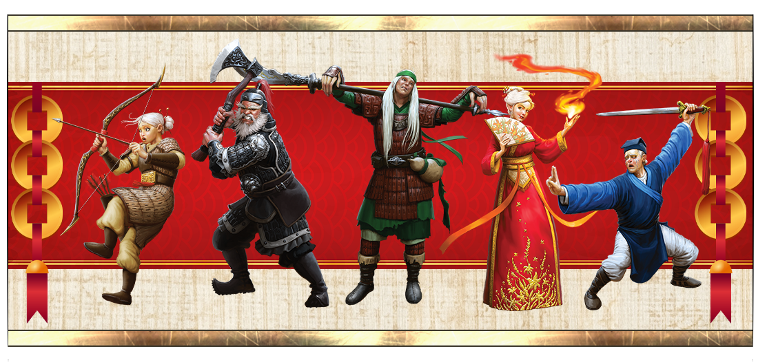 Five Ghost Wardens with their iconic white hair stand side-by-side, each in an action pose. Starting on the left is Flying Fox Tan, a female archer in yellow armor. She stumbles backward as she notches an arrow to fire. Rat Chopper Yang, a male ghost warden in black armor, snarls as he pulls his axe back to strike. Keep Away Lin, a male ghost warden in green clothes and brown armor relaxes with his glaive across his shoulders. Fire Hand Zhou, a female ghost warden in red and gold robes, smiles as she uses a fan in one hand and produces a magical flame in the other. Wavering Blade Wu, a male ghost warden in blue clothes, openly weeps as he sinks into a combat stance with his sword held high.