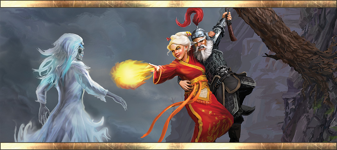 Rat Chopper Yang, a male ghost warden in black armor, holds onto his axe (embedded into a tree growing off the side of a cliff) with one hand and holds onto Fire Hand Zhou with the other. Fire Hand, a female ghost warden in red and gold robes, shoots a fireball from her free hand at the ghost of a woman floating beside the pair.