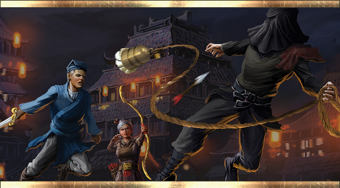 Two ghost wardens chase a hooded figure across the rooftops of storeyed pavilions. Flying Fox Tan, a female ghost warden in yellow armor, fires an arrow toward the hooded figure. Wavering Blade Wu rushes toward the figure, who throws a bladed, bell-like weapon attached to a rope at Wu's head. Black clothing completely covers the hooded figure, leaving only the skin of their hands exposed. 